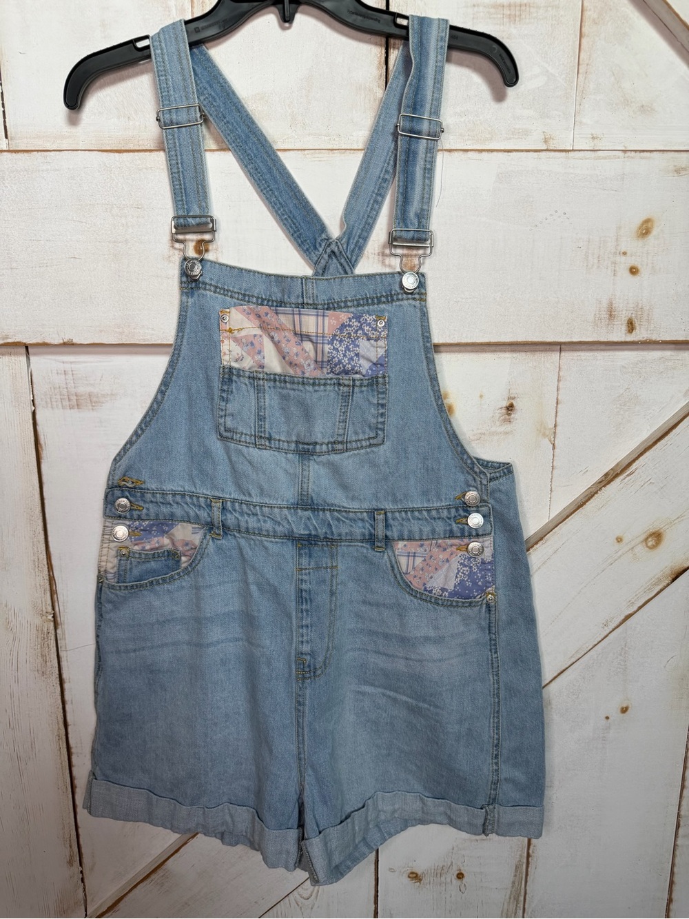 Forever 21 Light Blue Denim Short Overalls with Patch Detail